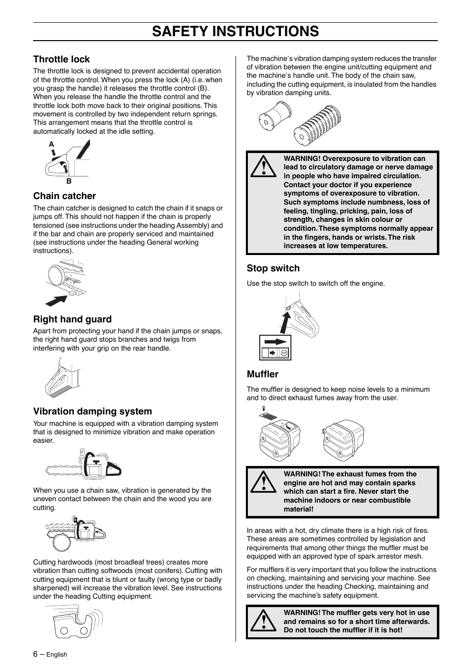 Throttle lock, Chain catcher, Right hand guard | Vibration damping system, Stop switch, Muffler, Safety instructions | Jonsered CS2163 User Manual | Page 6 / 36
