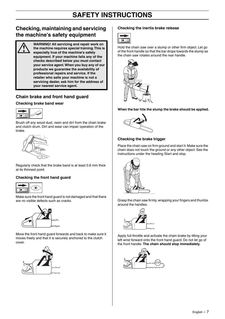 Chain brake and front hand guard, Safety instructions | Jonsered CS2163 User Manual | Page 7 / 36