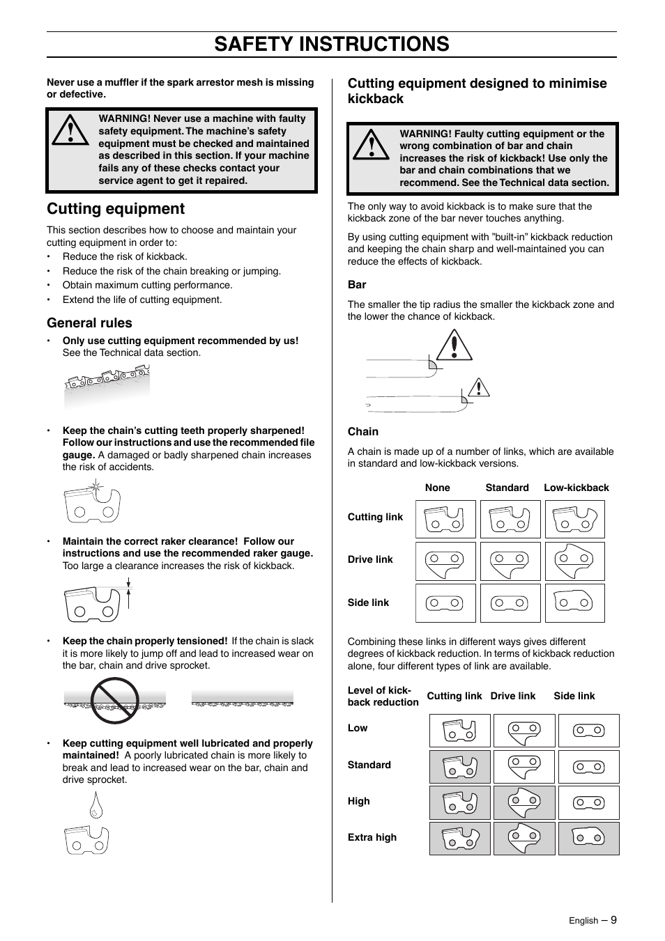 Cutting equipment, General rules, Cutting equipment designed to minimise kickback | Safety instructions | Jonsered CS2163 User Manual | Page 9 / 36