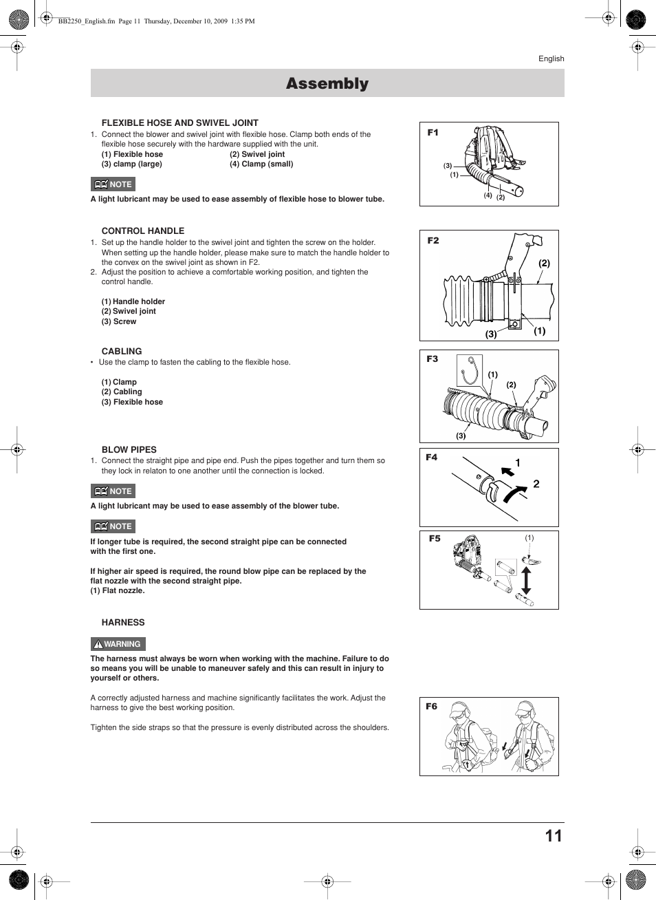 Assembly, Flexible hose and swivel joint, Control handle | Cabling, Blow pipes, Harness | Jonsered BB2250 User Manual | Page 11 / 17