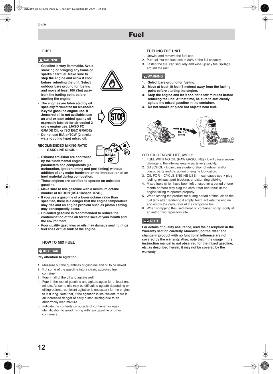 Fuel, How to mix fuel, Fueling the unit | Jonsered BB2250 User Manual | Page 12 / 17