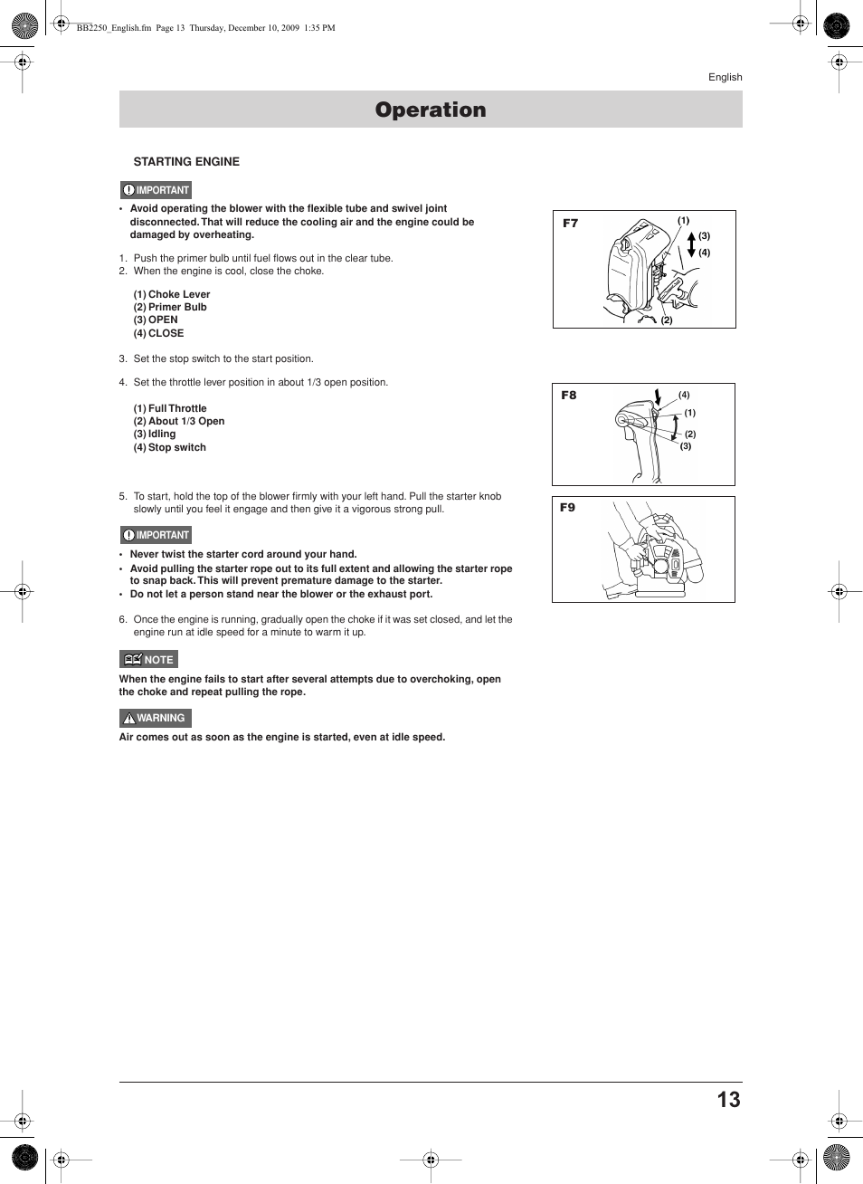 Starting engine, Operation | Jonsered BB2250 User Manual | Page 13 / 17