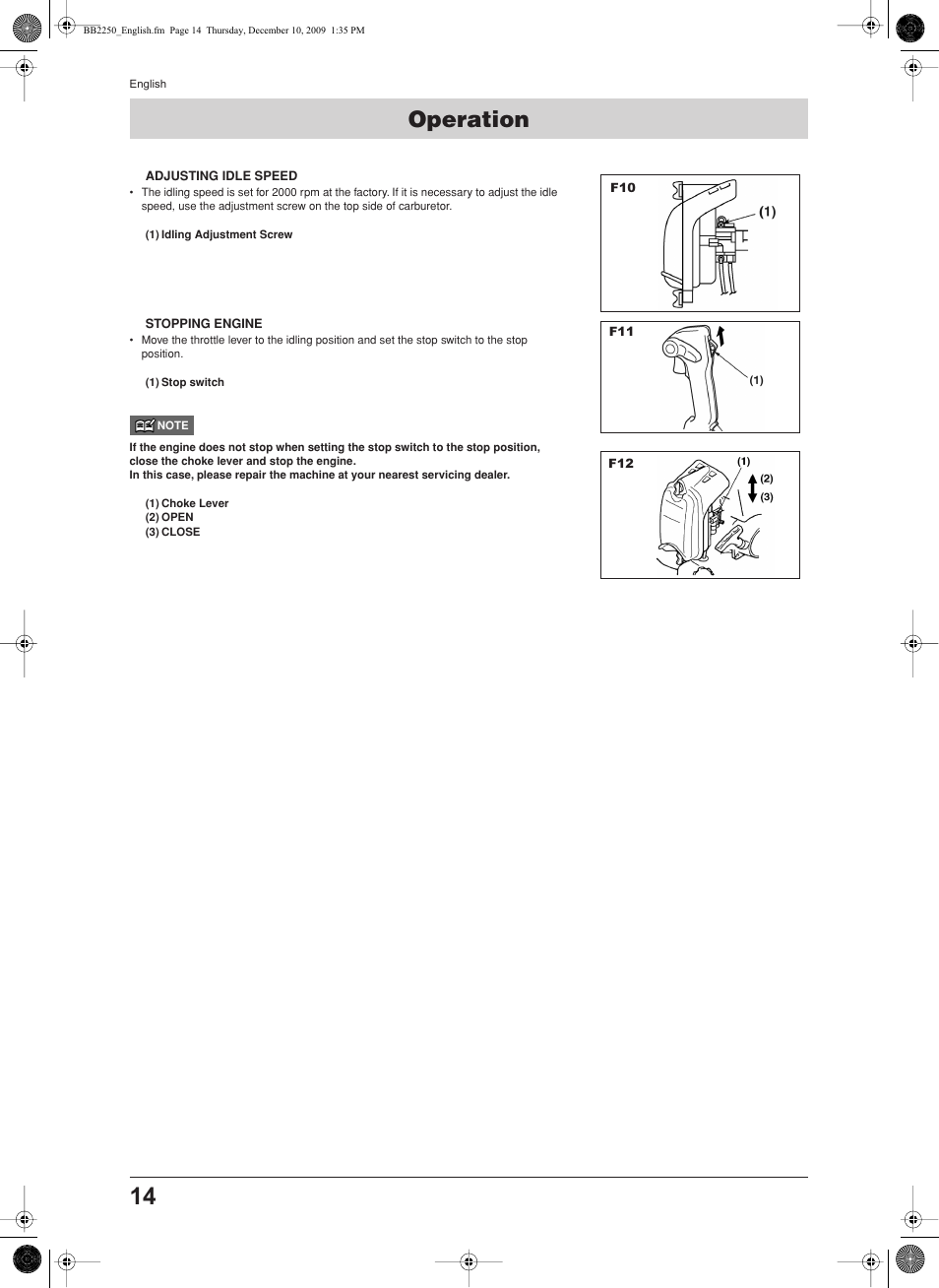 Operation, Adjusting idle speed, Stopping engine | Jonsered BB2250 User Manual | Page 14 / 17