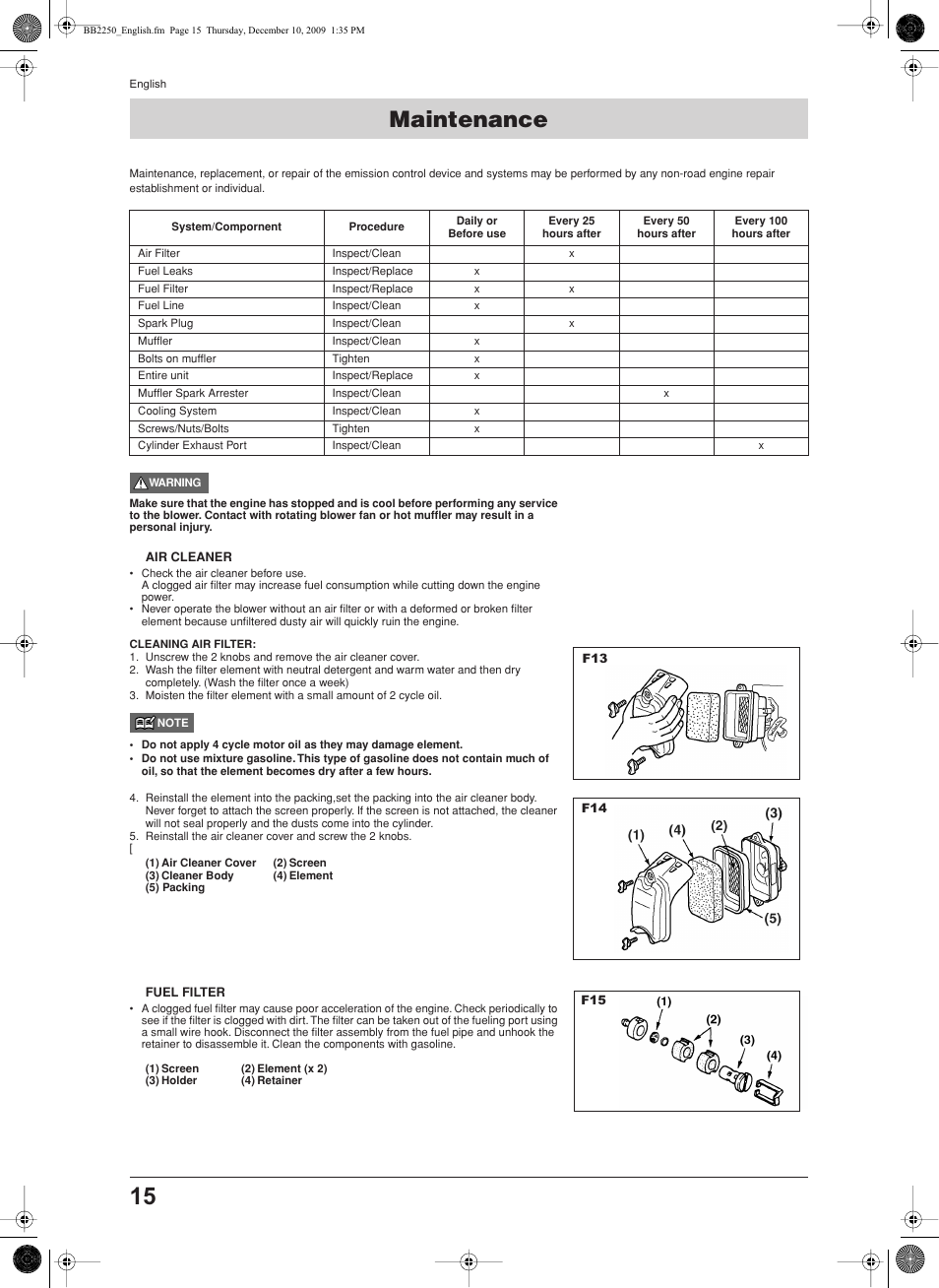 Maintenance, Air cleaner, Fuel filter | Jonsered BB2250 User Manual | Page 15 / 17