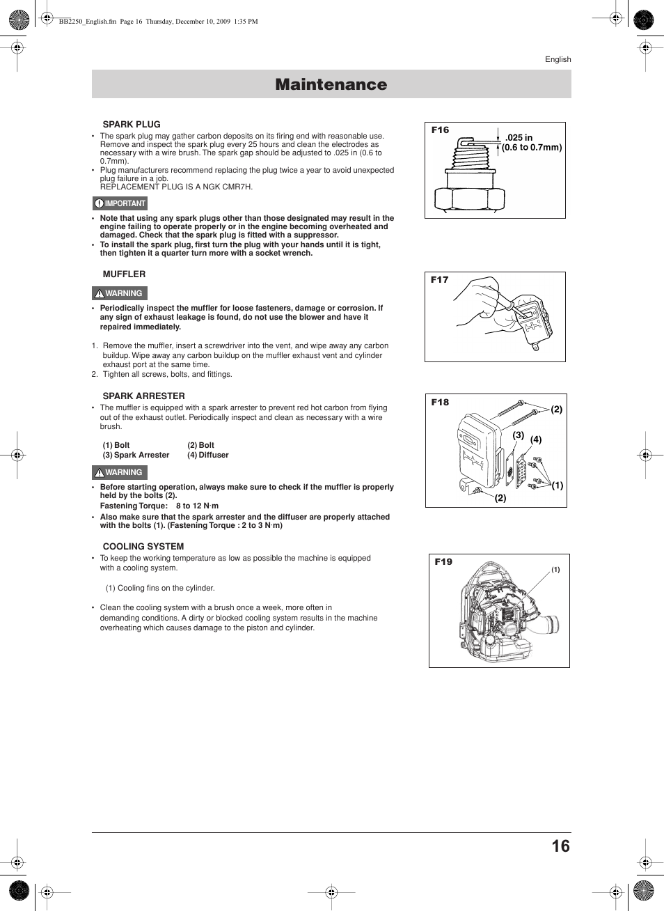 Spark plug, Muffler, Spark arrester | Cooling system, Maintenance | Jonsered BB2250 User Manual | Page 16 / 17
