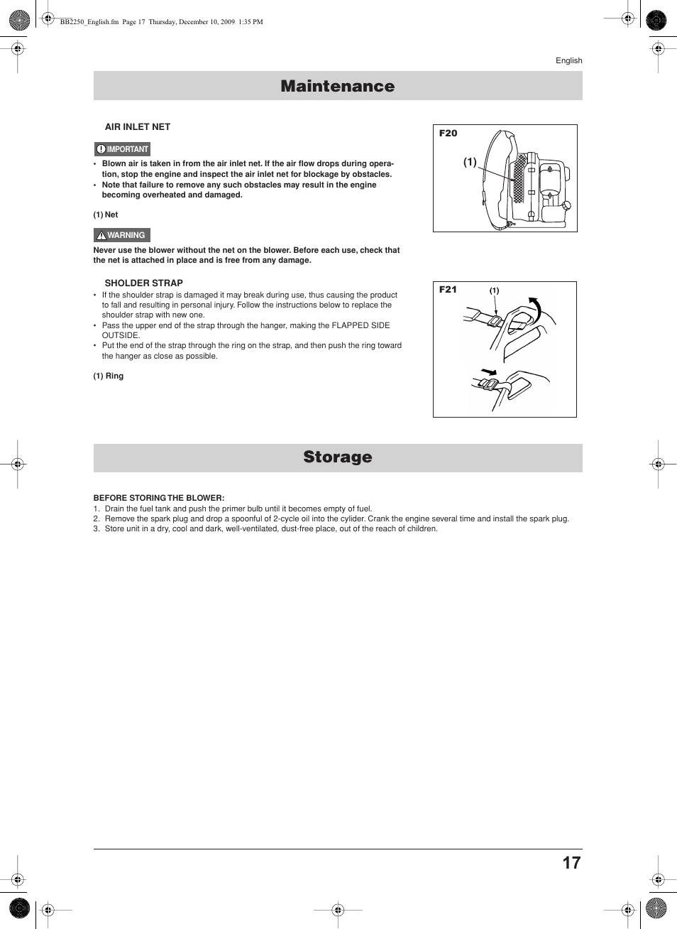 Storage, Maintenance, Air inlet net | Sholder strap | Jonsered BB2250 User Manual | Page 17 / 17