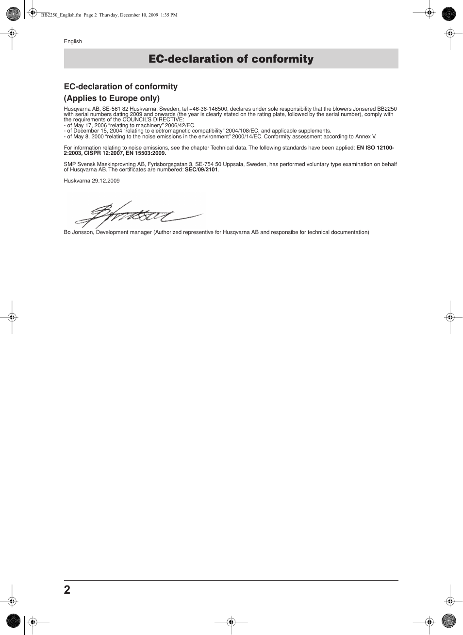 Ec-declaration of conformity | Jonsered BB2250 User Manual | Page 2 / 17