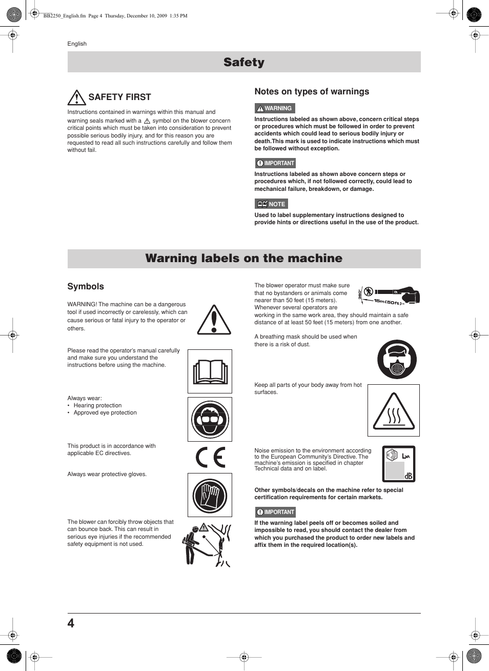 Warning labels on the machine, Safety, Safety first | Notes on types of warnings, Symbols, Warning labels on the machine safety | Jonsered BB2250 User Manual | Page 4 / 17