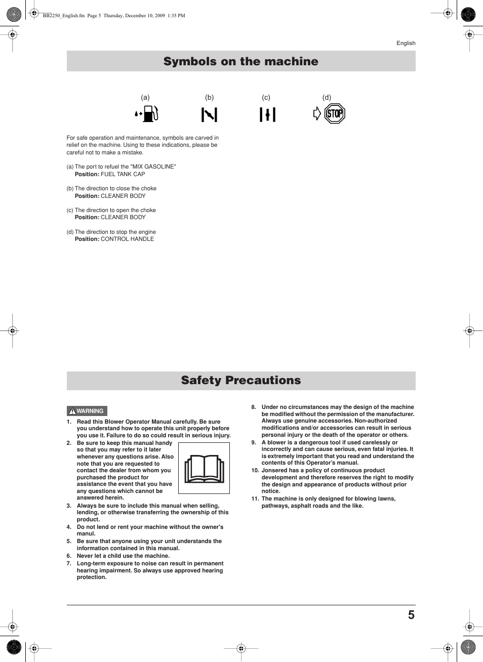 Symbols on the machine, Safety precautions, Safety precautions symbols on the machine | Jonsered BB2250 User Manual | Page 5 / 17