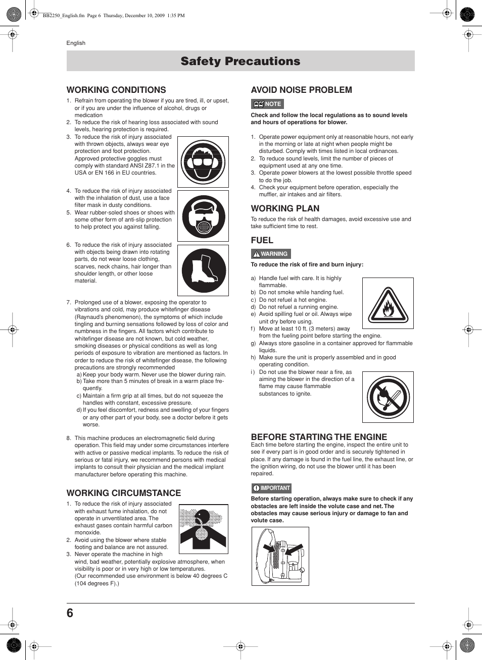 Safety precautions, Working conditions, Working circumstance | Avoid noise problem, Working plan, Fuel, Before starting the engine | Jonsered BB2250 User Manual | Page 6 / 17