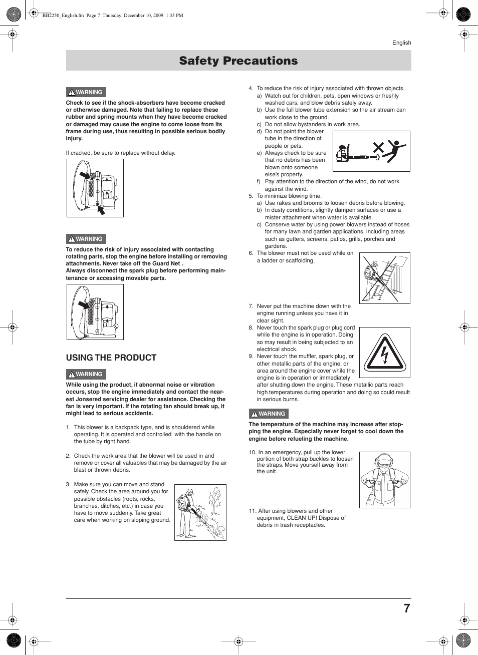 Using the product, Safety precautions | Jonsered BB2250 User Manual | Page 7 / 17