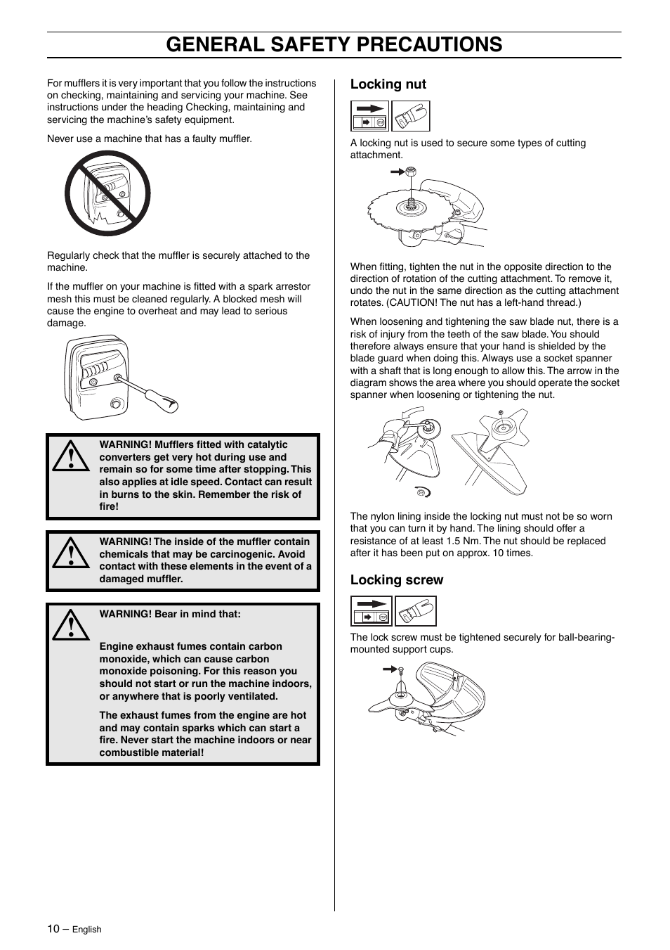 Locking nut, Locking screw, General safety precautions | Jonsered GR41/50 User Manual | Page 10 / 36