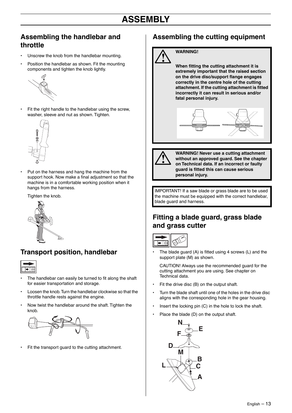 Assembling the handlebar and throttle, Transport position, handlebar, Assembling the cutting equipment | Assembly | Jonsered GR41/50 User Manual | Page 13 / 36