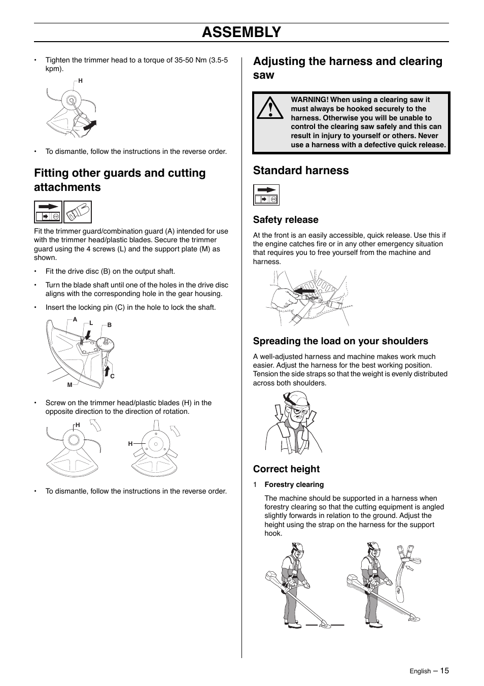 Fitting other guards and cutting attachments, Adjusting the harness and clearing saw, Standard harness | Safety release, Spreading the load on your shoulders, Correct height, Assembly | Jonsered GR41/50 User Manual | Page 15 / 36