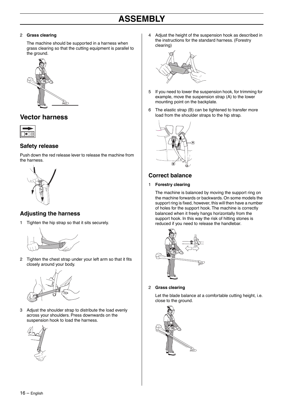 Vector harness, Safety release, Adjusting the harness | Correct balance, Assembly | Jonsered GR41/50 User Manual | Page 16 / 36