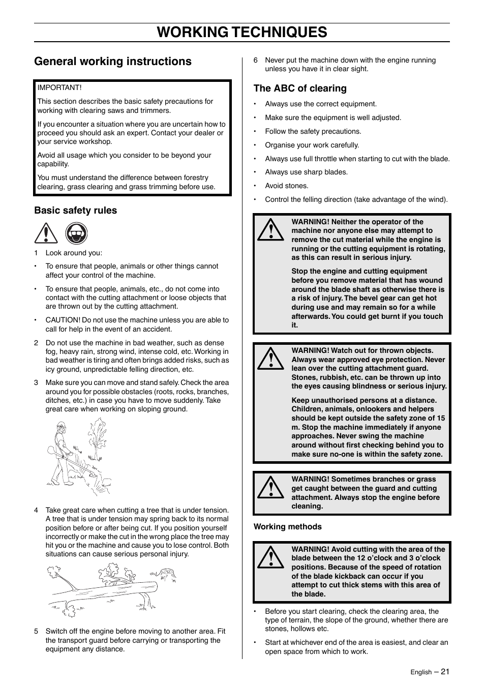 General working instructions, Basic safety rules, The abc of clearing | Working techniques | Jonsered GR41/50 User Manual | Page 21 / 36