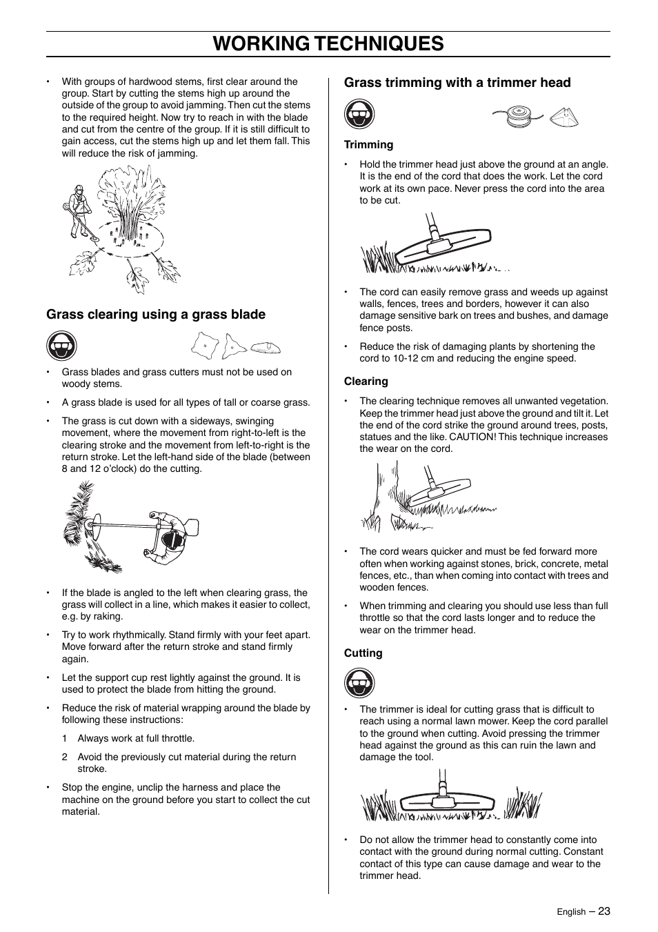 Grass clearing using a grass blade, Grass trimming with a trimmer head, Working techniques | Jonsered GR41/50 User Manual | Page 23 / 36