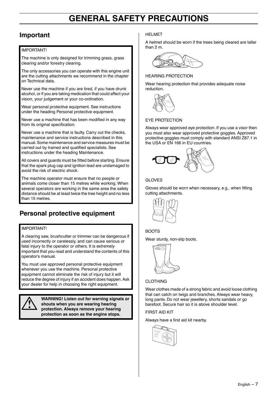 Important, Personal protective equipment, General safety precautions | Important personal protective equipment | Jonsered GR41/50 User Manual | Page 7 / 36