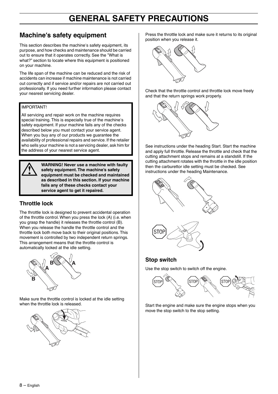 Machine¢s safety equipment, Throttle lock, Stop switch | General safety precautions, Machine ′′′′ s safety equipment | Jonsered GR41/50 User Manual | Page 8 / 36
