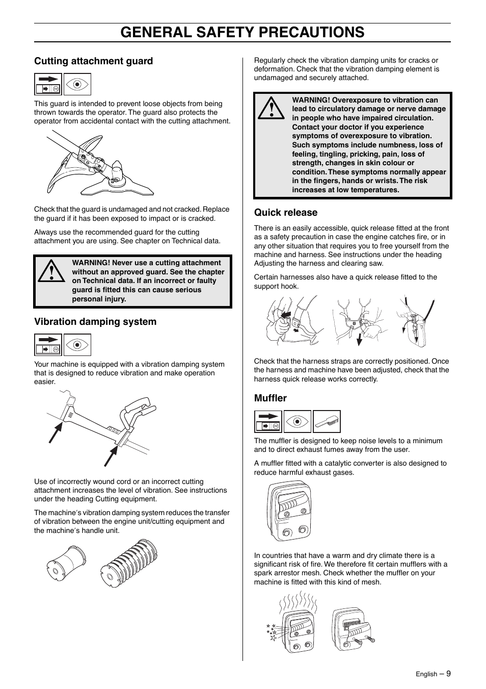 Cutting attachment guard, Vibration damping system, Quick release | Muffler, General safety precautions | Jonsered GR41/50 User Manual | Page 9 / 36