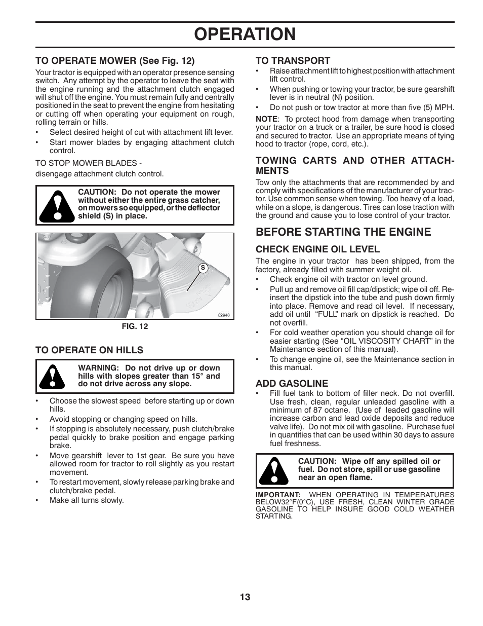 Operation, Before starting the engine | Jonsered LT2216 User Manual | Page 13 / 28