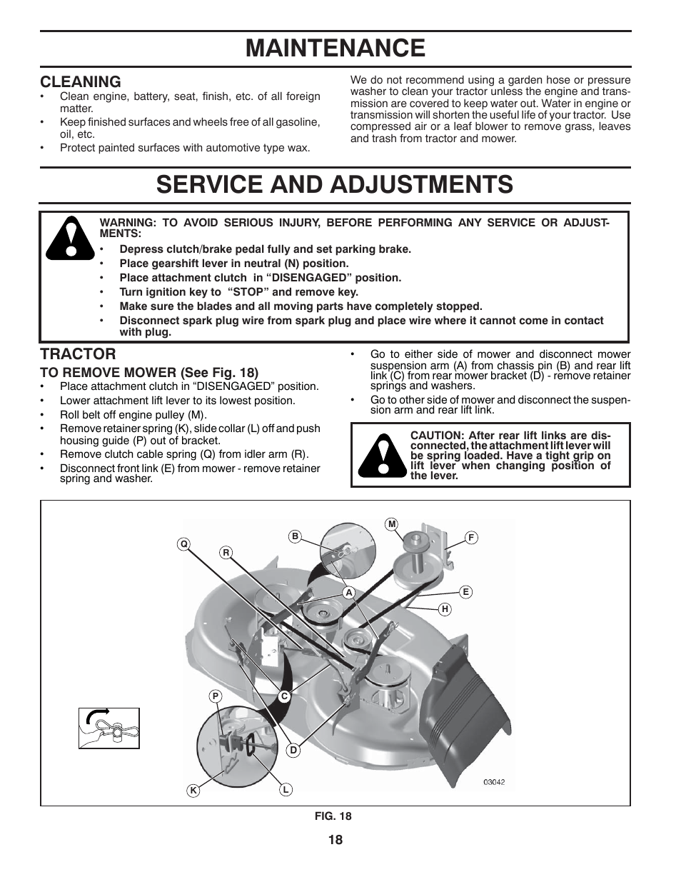 Maintenance service and adjustments, Tractor cleaning | Jonsered LT2216 User Manual | Page 18 / 28