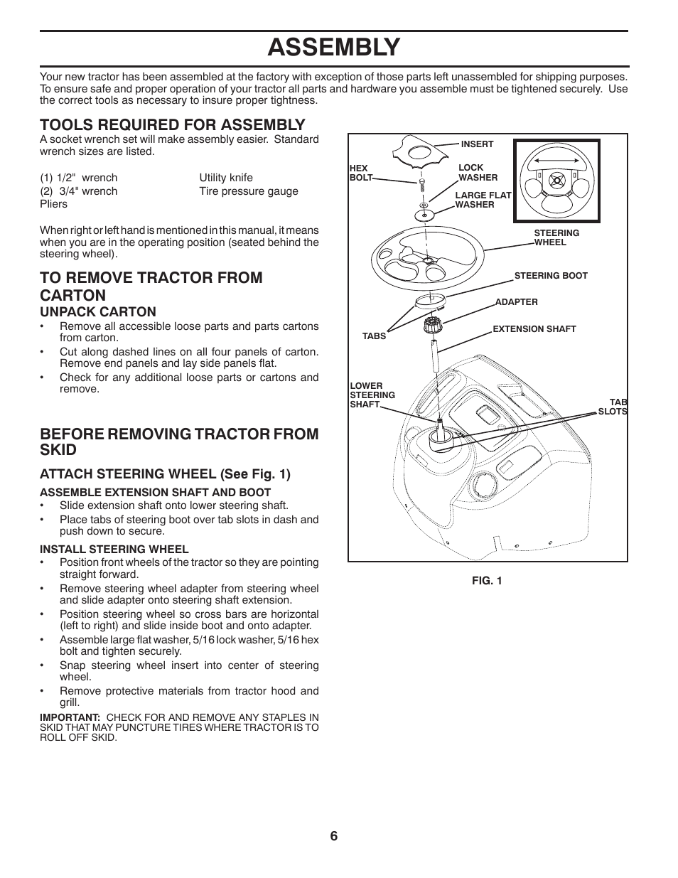 Assembly, Tools required for assembly, Before removing tractor from skid | Jonsered LT2216 User Manual | Page 6 / 28