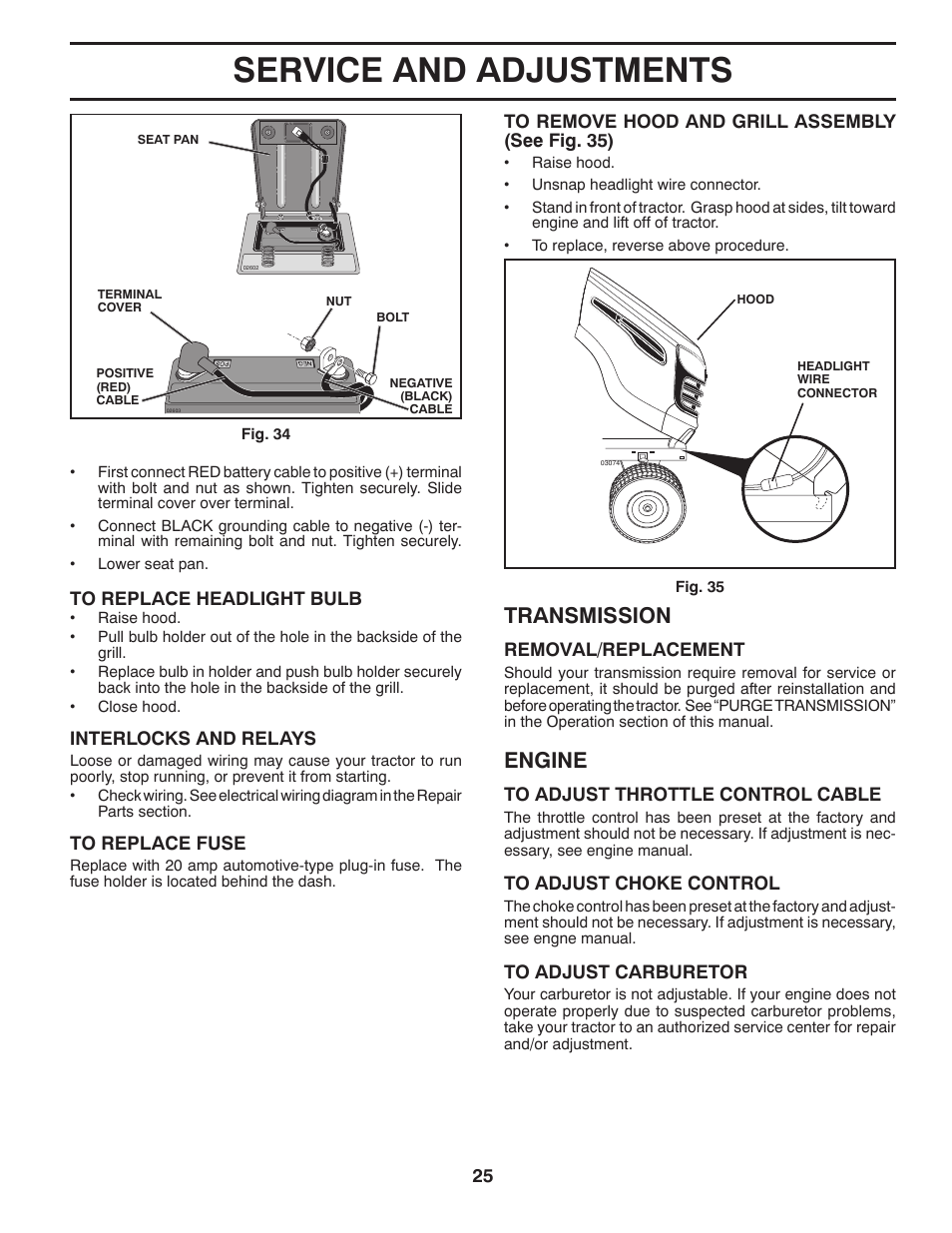 Service and adjustments, Transmission, Engine | Jonsered LT2218A User Manual | Page 25 / 32