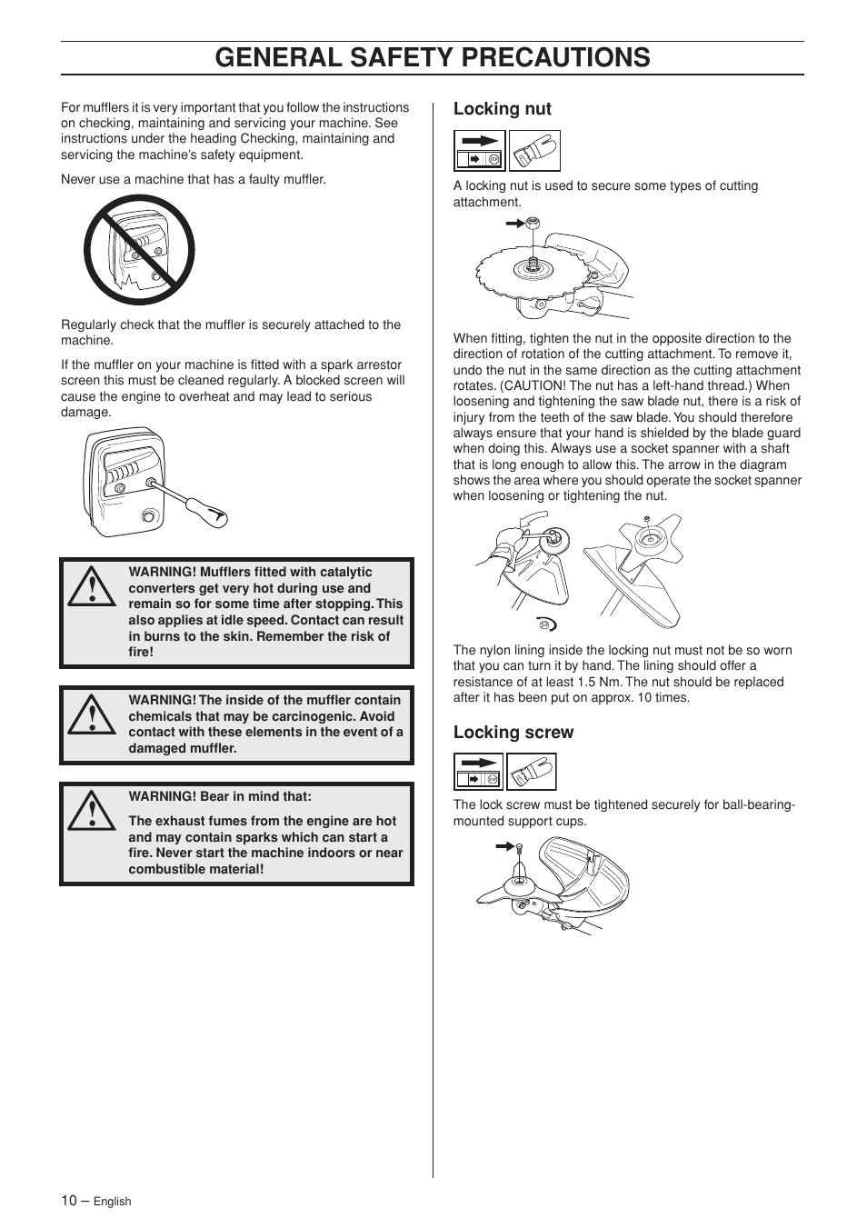 Locking nut, Locking screw, General safety precautions | Jonsered RS52 User Manual | Page 10 / 36