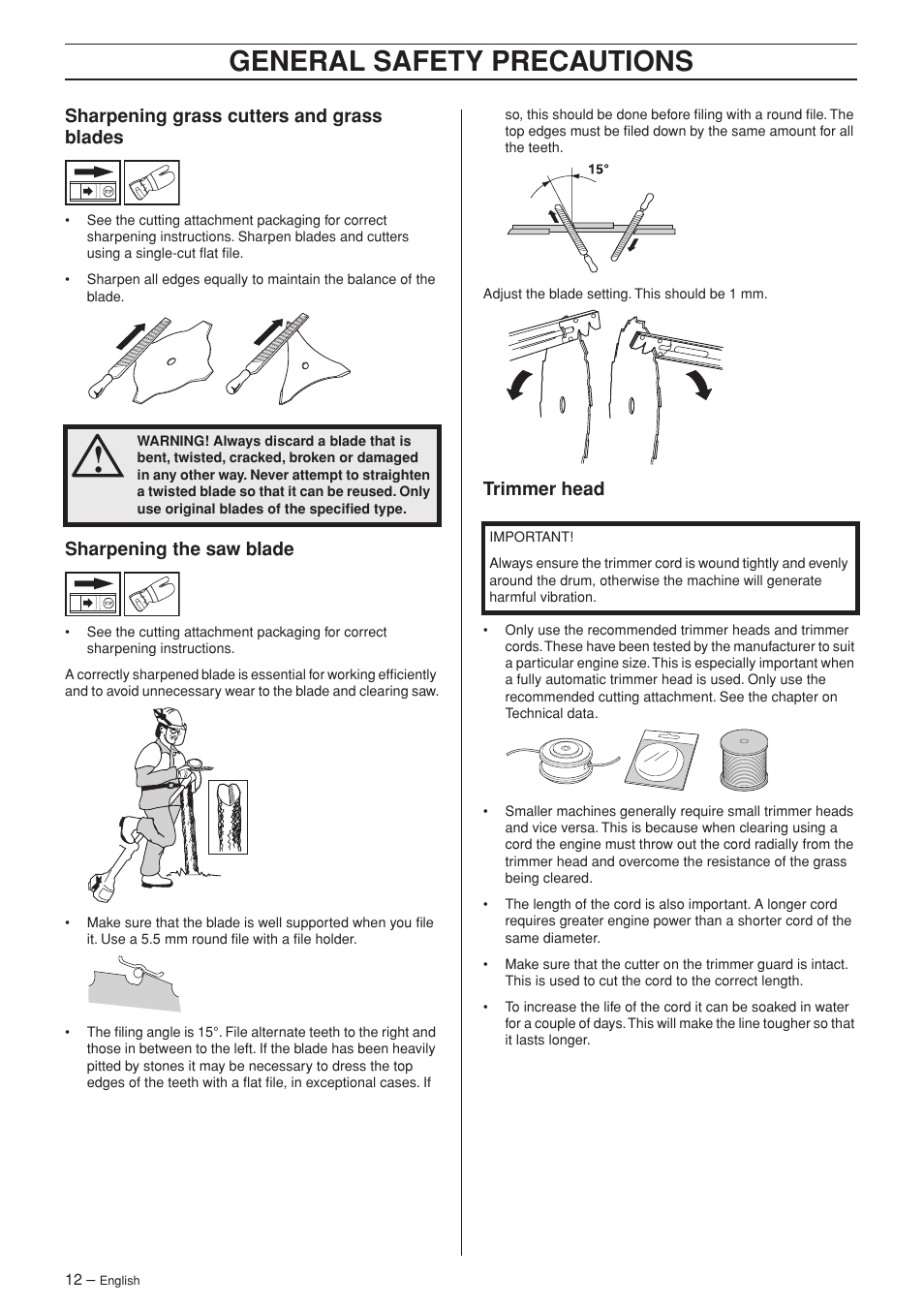 Sharpening grass cutters and grass blades, Sharpening the saw blade, Trimmer head | General safety precautions | Jonsered RS52 User Manual | Page 12 / 36