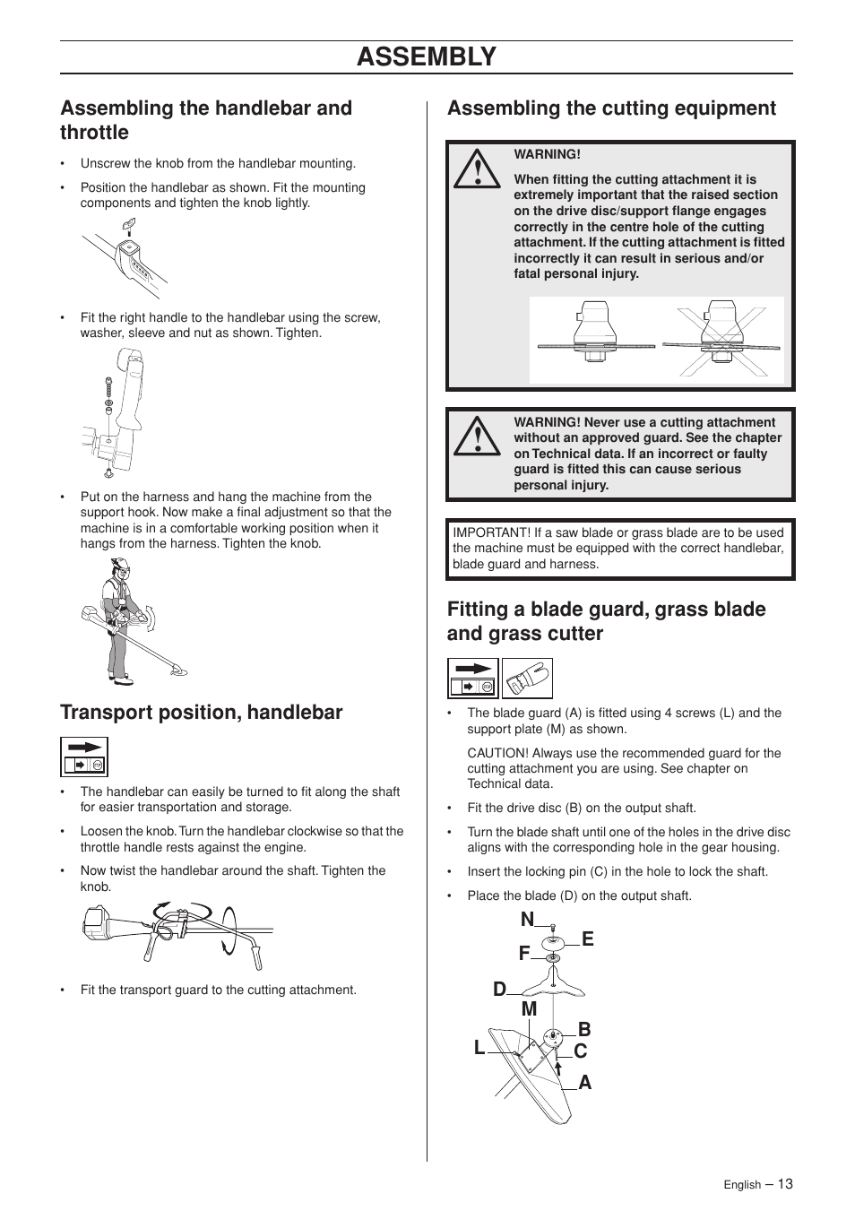 Assembling the handlebar and throttle, Unscrew the knob from the handlebar mounting, Transport position, handlebar | Assembling the cutting equipment, Assembly | Jonsered RS52 User Manual | Page 13 / 36