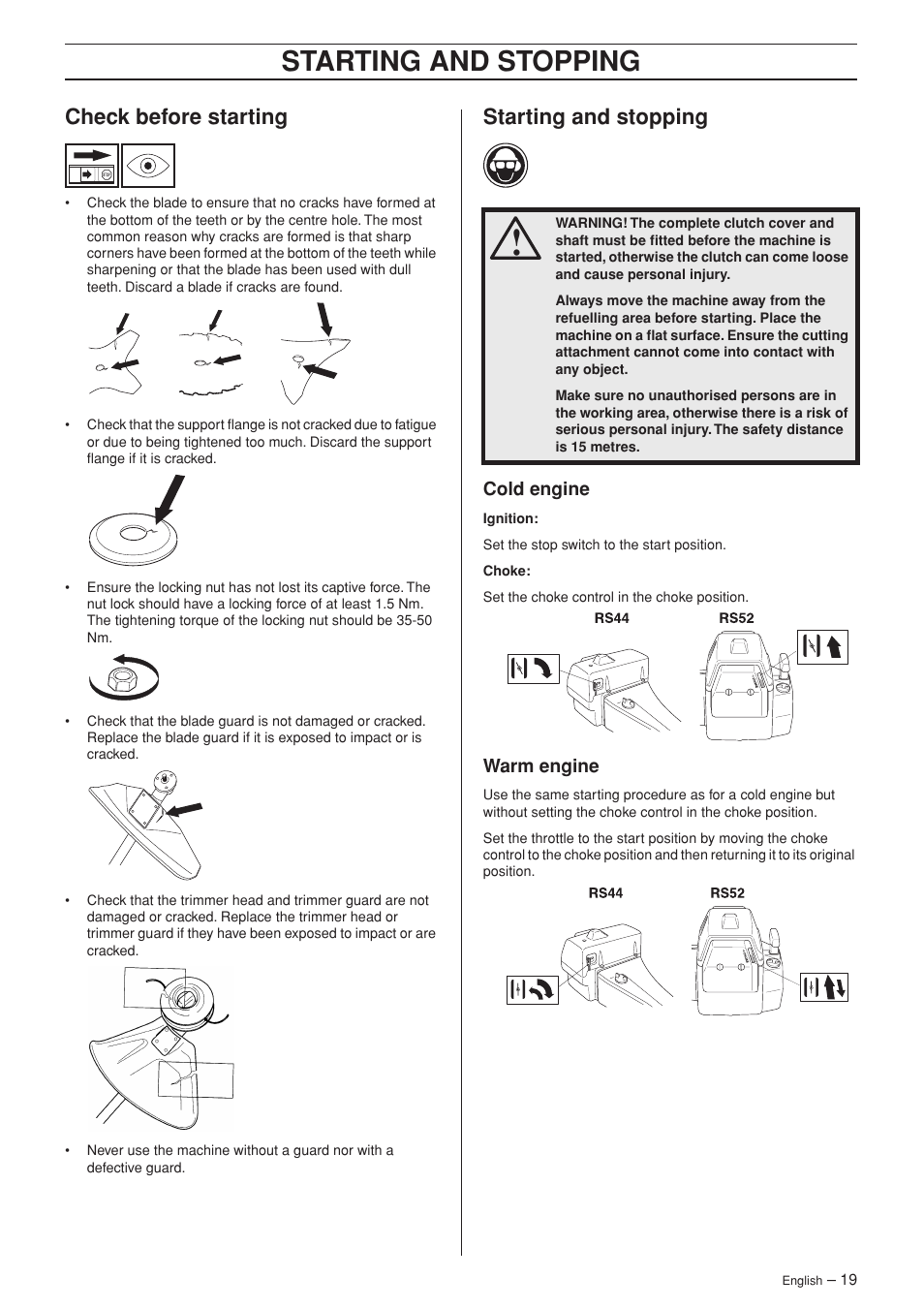 Check before starting, Starting and stopping, Cold engine | Warm engine | Jonsered RS52 User Manual | Page 19 / 36