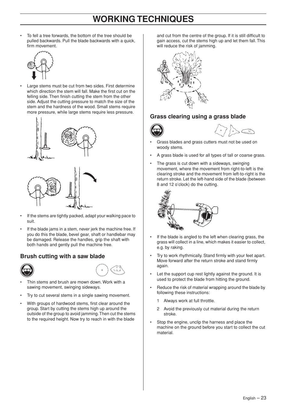 Brush cutting with a saw blade, Grass clearing using a grass blade, Working techniques | Jonsered RS52 User Manual | Page 23 / 36