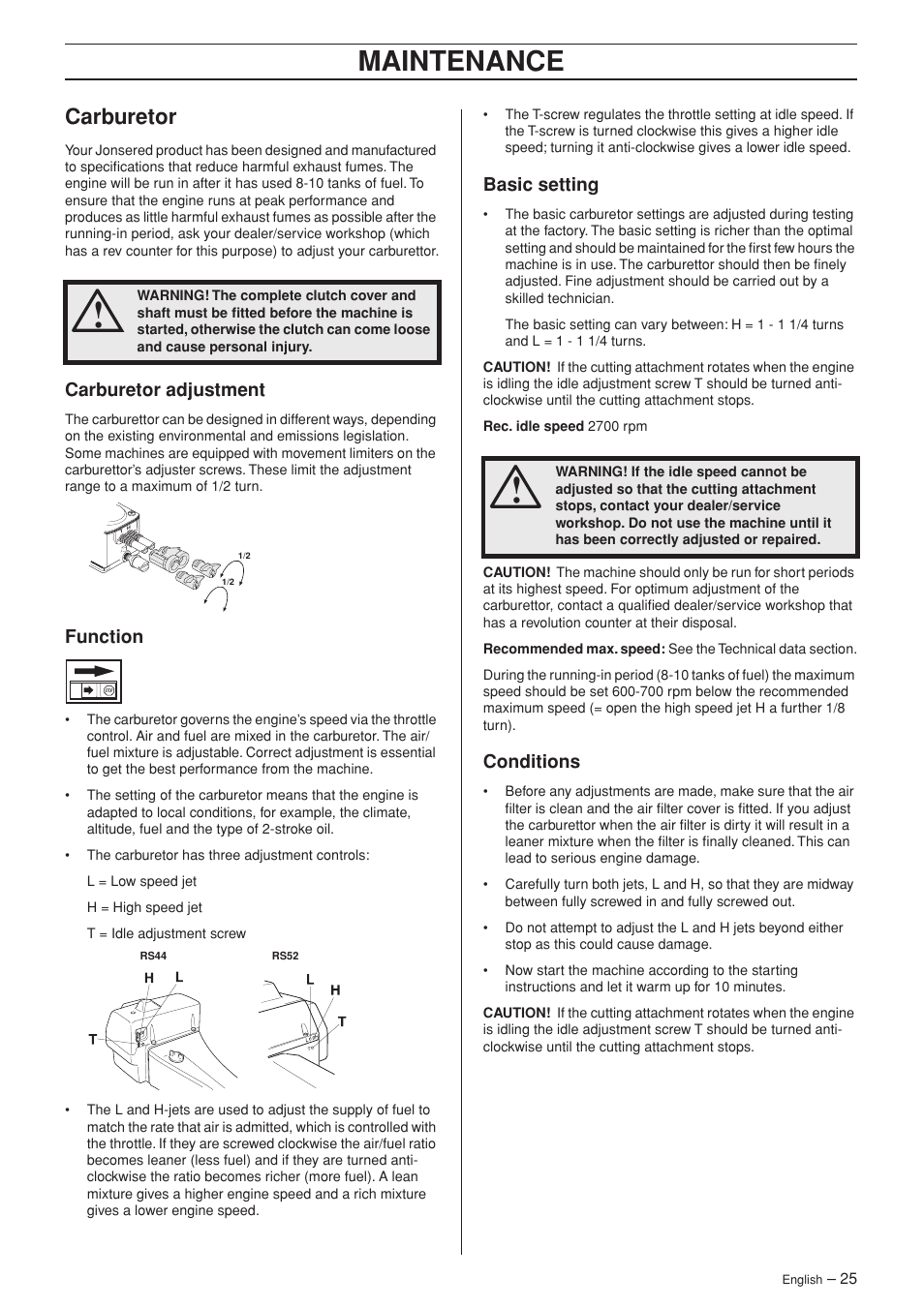 Carburetor, Carburetor adjustment, Function | Basic setting, Conditions, Maintenance | Jonsered RS52 User Manual | Page 25 / 36