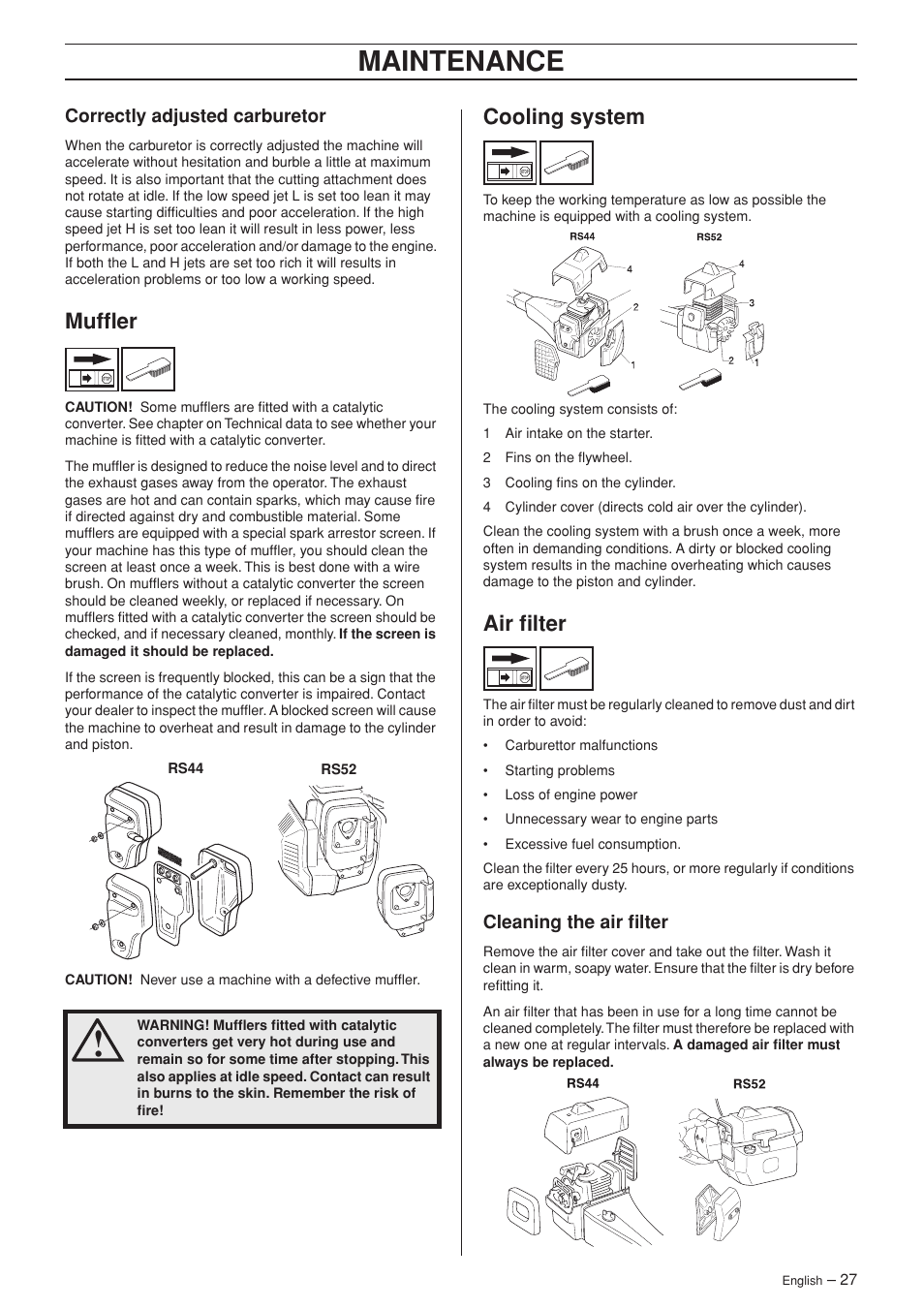 Correctly adjusted carburetor, Muffler, Cooling system | Air filter, Cleaning the air filter, Maintenance | Jonsered RS52 User Manual | Page 27 / 36