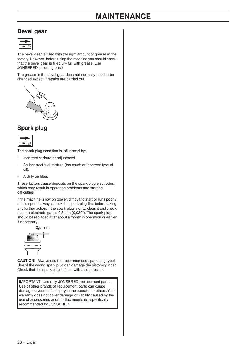 Bevel gear, Spark plug, Maintenance | Jonsered RS52 User Manual | Page 28 / 36