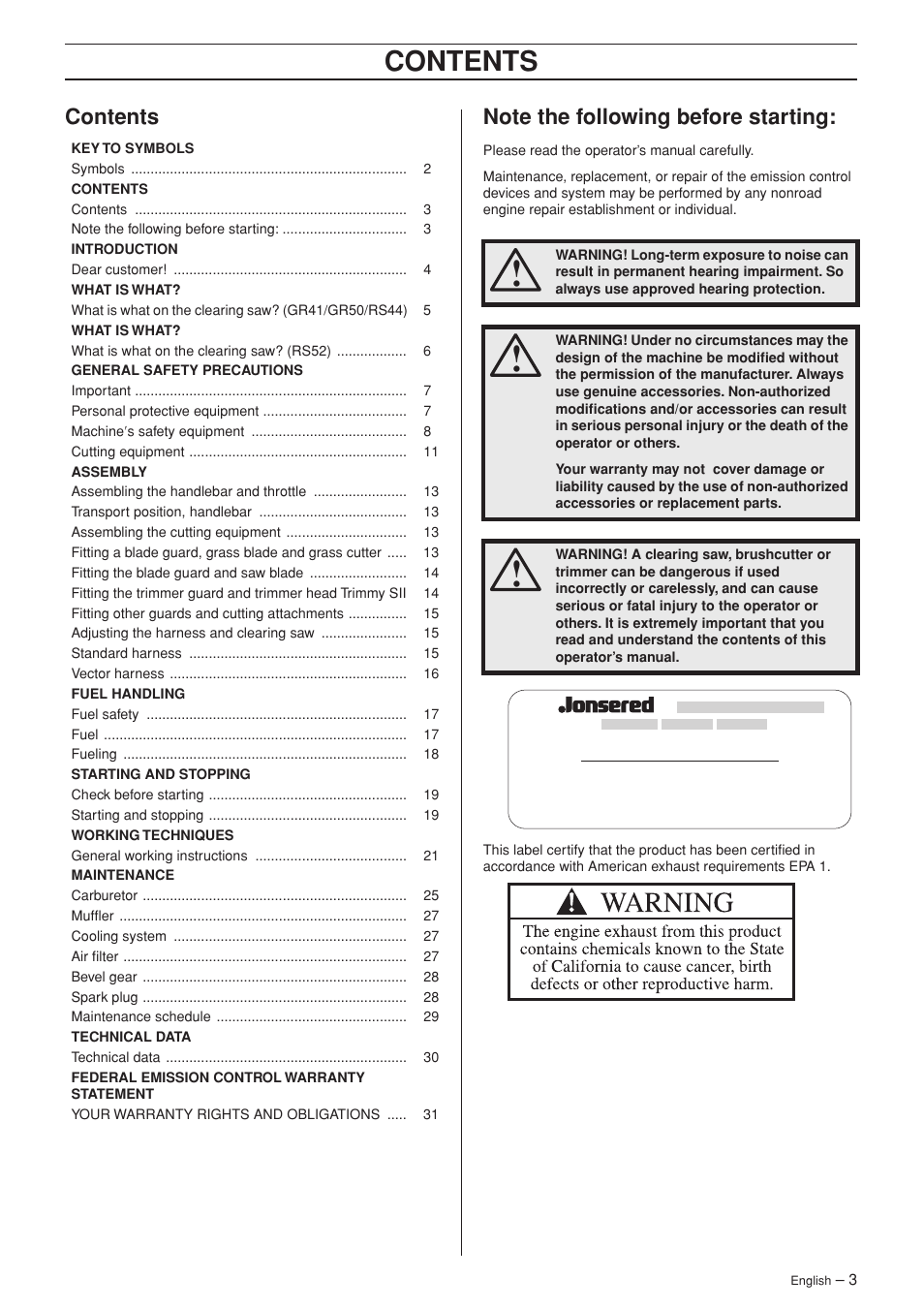 Jonsered RS52 User Manual | Page 3 / 36