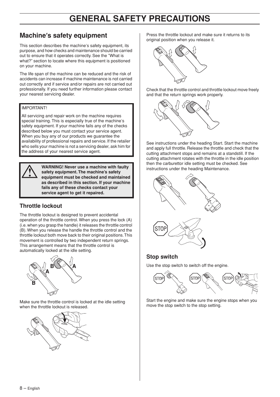 Machine¢s safety equipment, Throttle lockout, Stop switch | General safety preca utions, Mac hine ′′′′ s safety equipment | Jonsered RS52 User Manual | Page 8 / 36