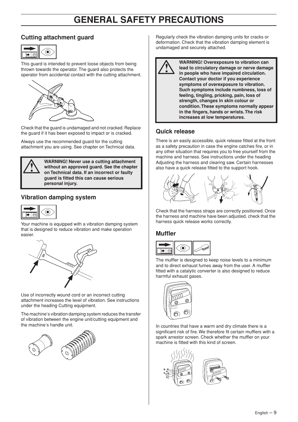 Cutting attachment guard, Vibration damping system, Quick release | Muffler, General safety preca utions | Jonsered RS52 User Manual | Page 9 / 36