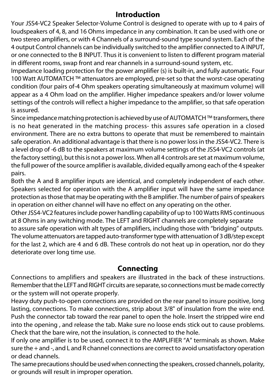 Introduction, Connecting | JAMO JSS4-VC2 User Manual | Page 2 / 4