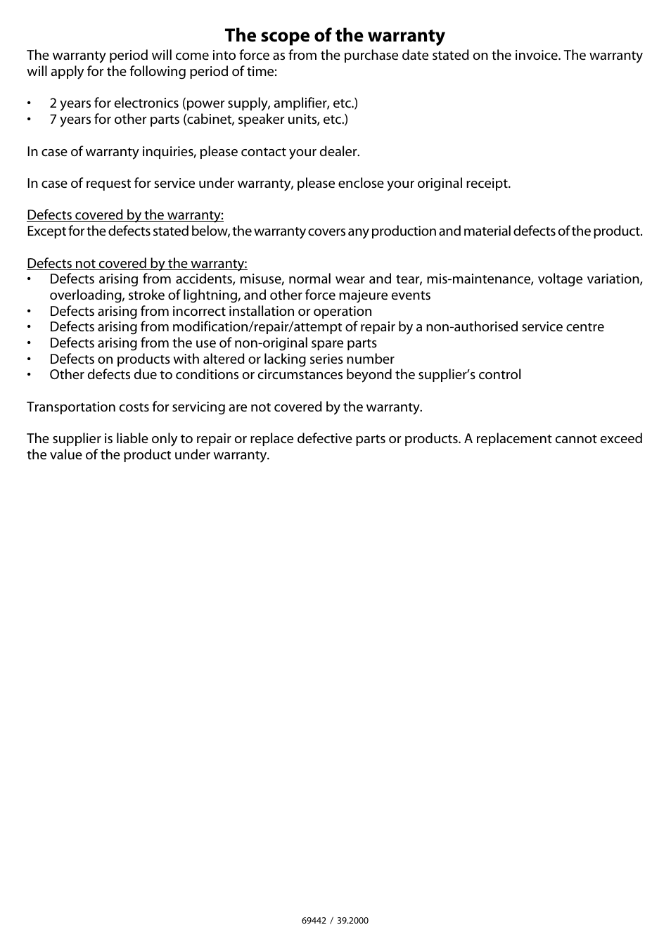 The scope of the warranty | JAMO JSS4-VC2 User Manual | Page 4 / 4