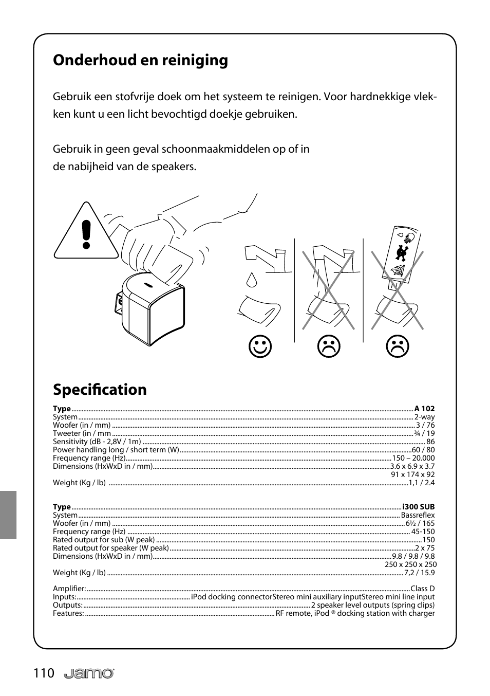 Onderhoud en reiniging, Specifi cation | JAMO i Series I300 User Manual | Page 110 / 124