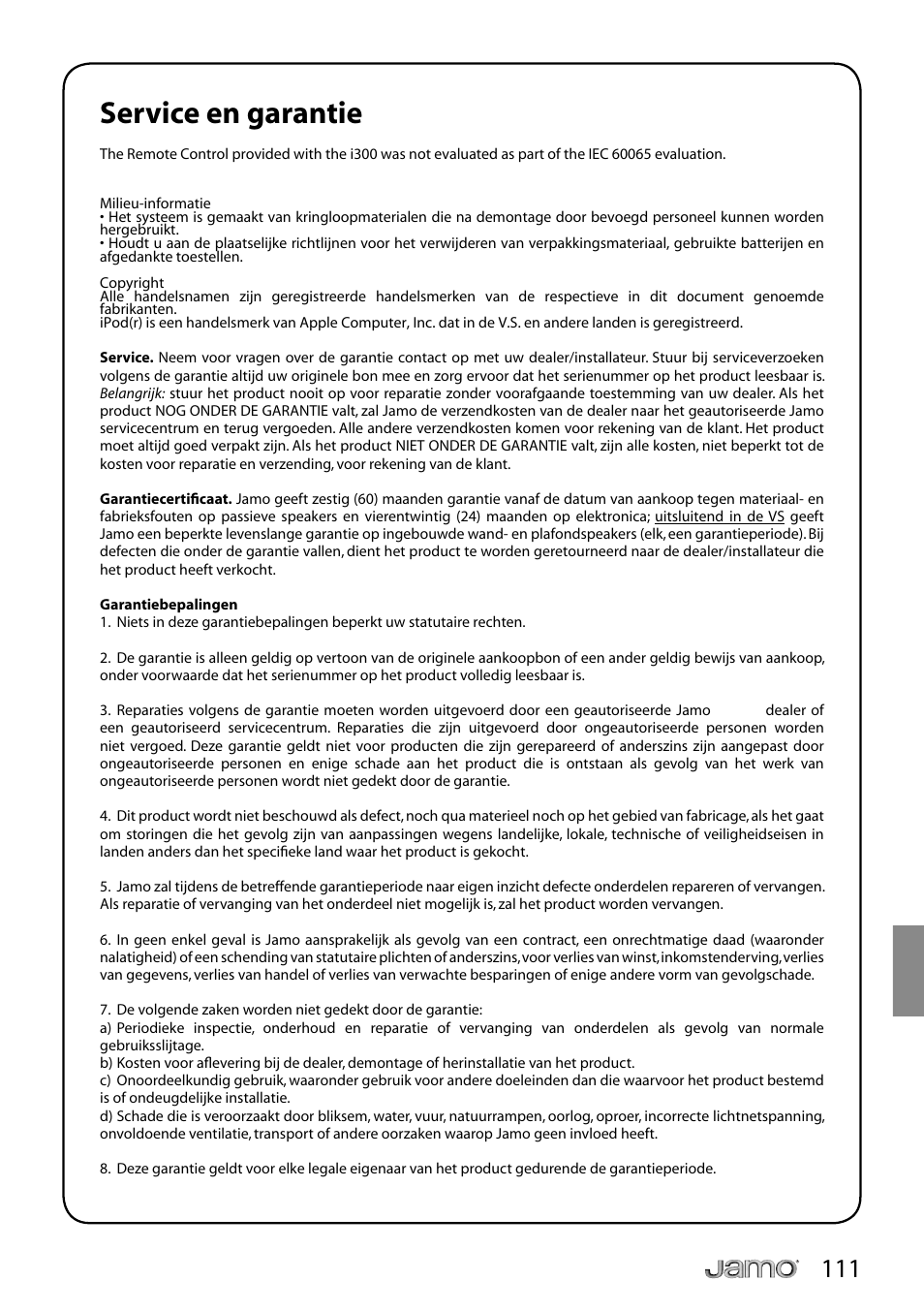Service en garantie | JAMO i Series I300 User Manual | Page 111 / 124