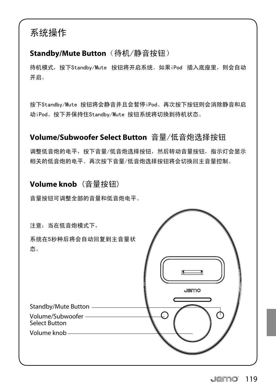 系统操作, Standby/mute button （待机/静音按钮, Volume/subwoofer select button 音量/低音炮选择按钮 | Volume knob (音量按钮) | JAMO i Series I300 User Manual | Page 119 / 124