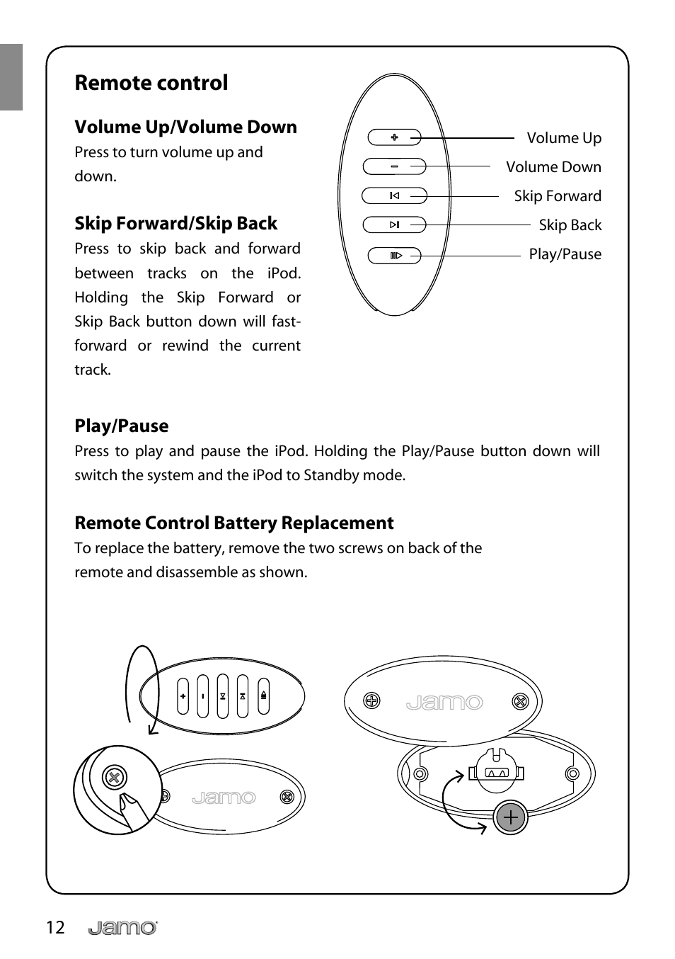 Remote control | JAMO i Series I300 User Manual | Page 12 / 124