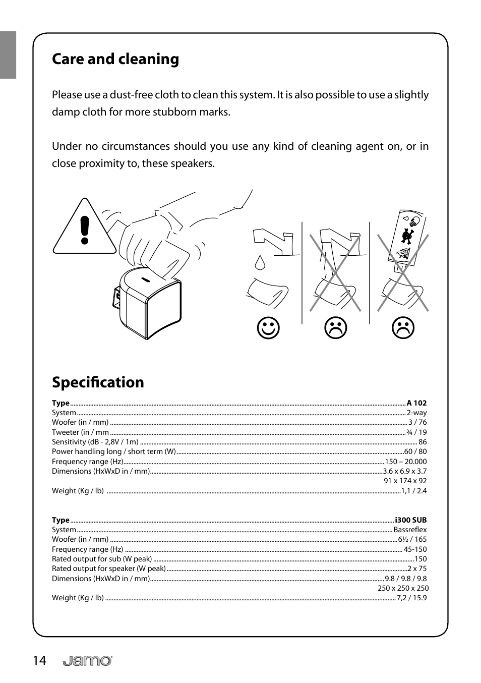 Care and cleaning, Specifi cation | JAMO i Series I300 User Manual | Page 14 / 124