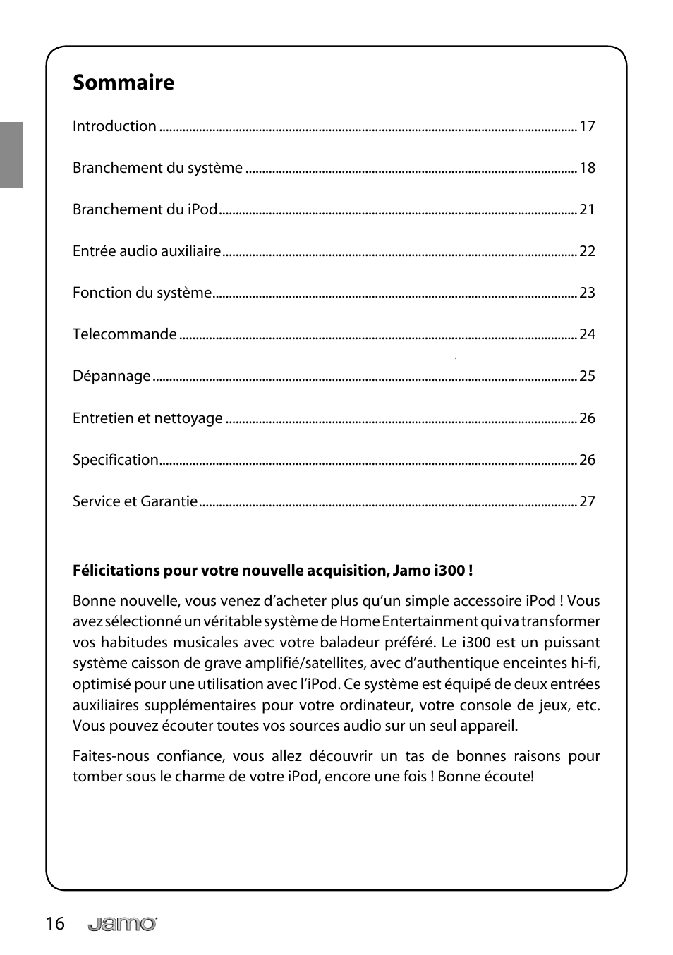 Sommaire | JAMO i Series I300 User Manual | Page 16 / 124