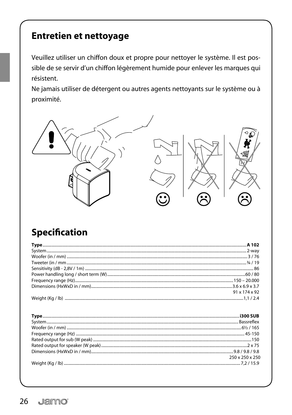 Entretien et nettoyage, Specifi cation | JAMO i Series I300 User Manual | Page 26 / 124
