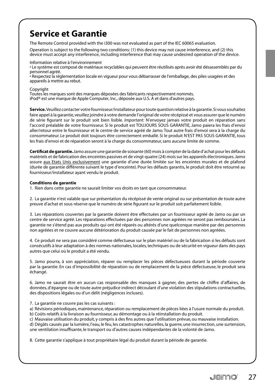 Service et garantie | JAMO i Series I300 User Manual | Page 27 / 124