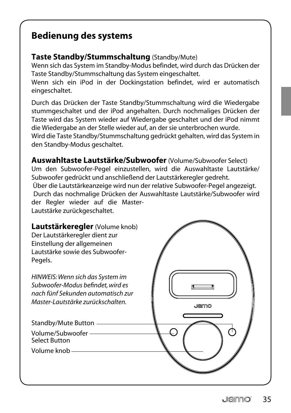 Bedienung des systems | JAMO i Series I300 User Manual | Page 35 / 124